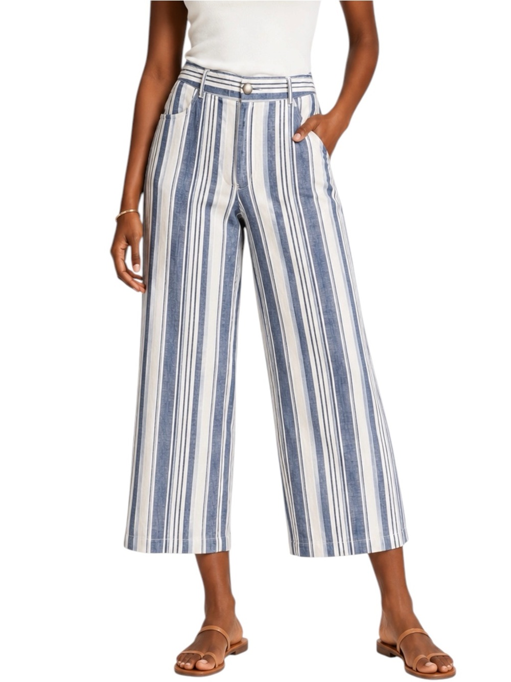ZIMMERMANN Helm Blue White Stripe Linen Cropped Wide Leg Pant US 4 Small